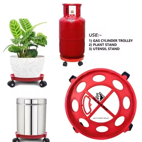 Heavy Duty Gas Cylinder Trolley with 360° Wheels | Premium LPG Cylinder Stand | Movable Cylinder Roller Base | Multipurpose Stand for LPG Cylinder, Plant Pots & Kitchen Containers (Red)