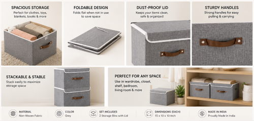 Foldable Storage Basket Bins with Lid & Handles (Set of 2) | Premium Non-Woven Fabric Closet Organizer | Stackable Wardrobe Storage Boxes for Clothes, Toys, Blankets & Home Organization | Grey